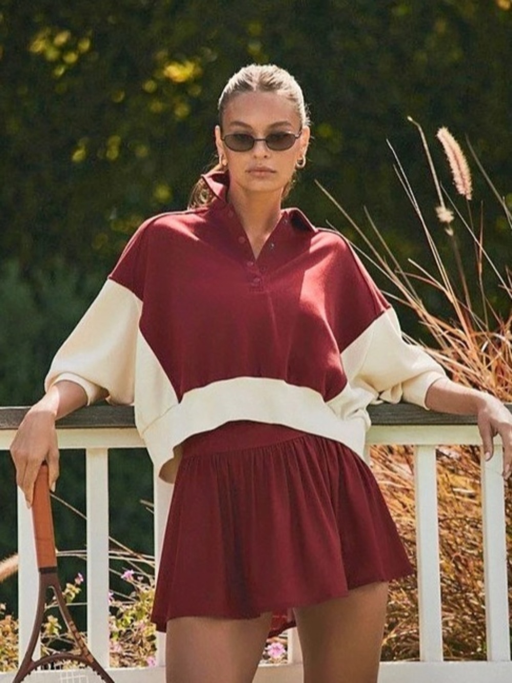 Fabletics Year Round Terry Snap Front Sweatshirt Burgundy & Cream XS